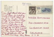 Moe Howard Autograph Postcards Signed ''Momee'' to His Grandson -- Both From Europe Circa 1960s -- Very Good Condition